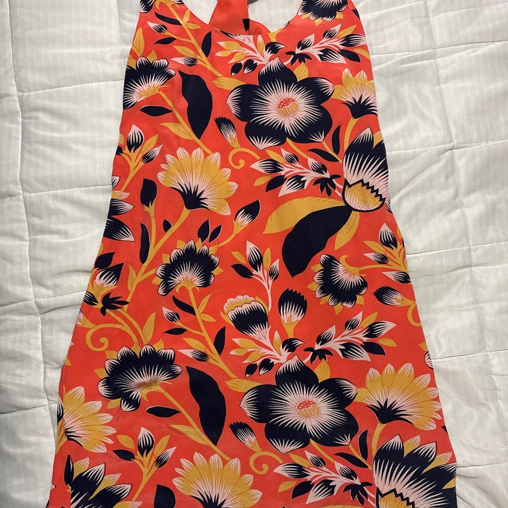 J. Crew Coral Floral Print Sundress with Navy and Yellow Accents